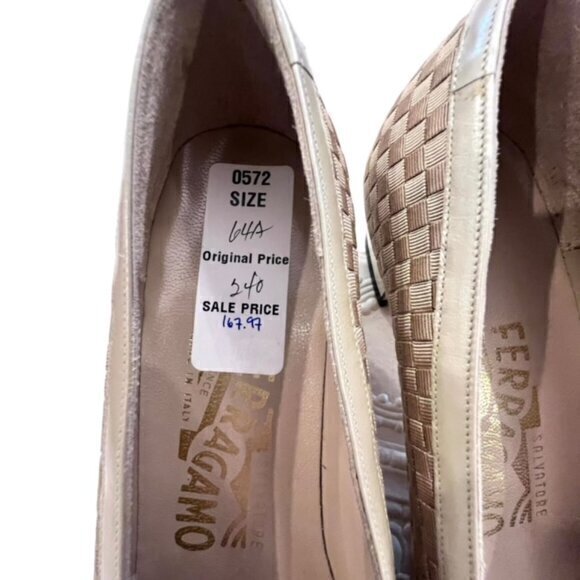 🎉SALE🎉 Salvatore Ferragamo Beige Fabric Weave Heels 6 AAAA GLAM Luxury NIB - Picture 5 of 16